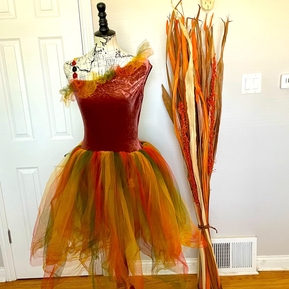 Costume Bodysuit One Shoulder Tulle Puffy Velvet Maroon Rusty Halloween Fairy